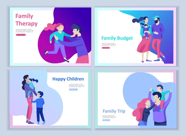 Set Landing pagina sjablonen gelukkige familie, reis- en psychotherapie, familie gezondheidszorg, goederen entertainment voor moeder, vader en hun kinderen. Ouders met dochter en zoon veel plezier — Stockvector