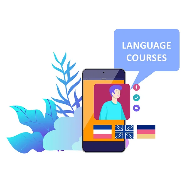 Cursos de idiomas online, educação a distância, treinamento. Interface de Aprendizagem de Línguas e Conceito de Ensino . —  Vetores de Stock