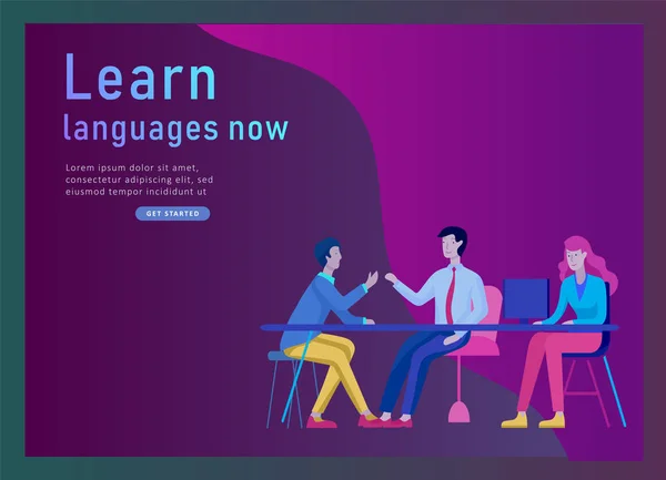 Modèles de page d'accueil pour les cours de langue en ligne, l'enseignement à distance, la formation. Interface d'apprentissage des langues et concept d'enseignement . — Image vectorielle