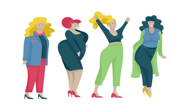 Plus size vrouwen gekleed in stijlvolle kleding. Curvy meisjes dragen van trendy kleding set. Gelukkig tekens. Bodypositive concept illustratie — Stockvector