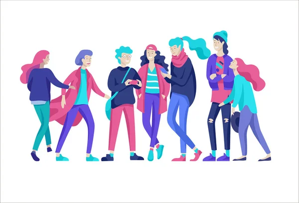 Vector personas amigos carácter. Grupo de adolescentes en invierno u otoño trendy clother — Archivo Imágenes Vectoriales