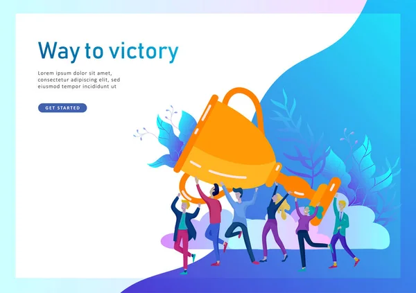 Equipo de Negocios El éxito tiene la copa ganadora de oro, el concepto de las personas están contentas con la victoria. Trabajadores de oficina celebrando con gran trofeo — Vector de stock