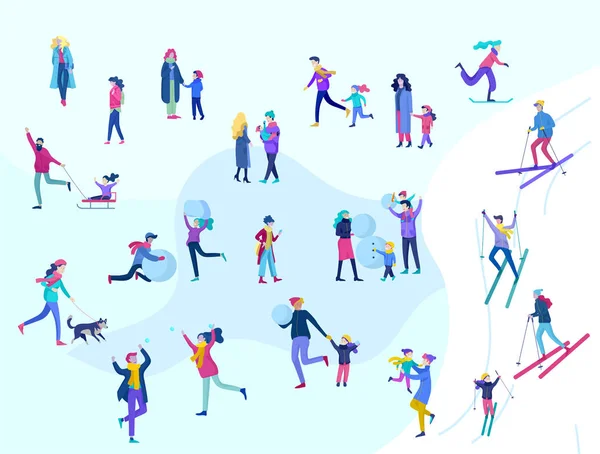 İnsanlar kış giysileri veya açık hava etkinlikleri eğlenceli gerçekleştirme dış giyim giyinmiş. Kar Festivali, halletme ve snowboard. Buz pateni, Kayak kardan adam yapma Noel aile Kayak