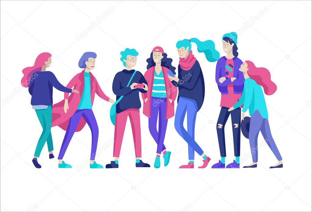 Vector people friends character. Group of teenagers in winter or autumn trendy clother