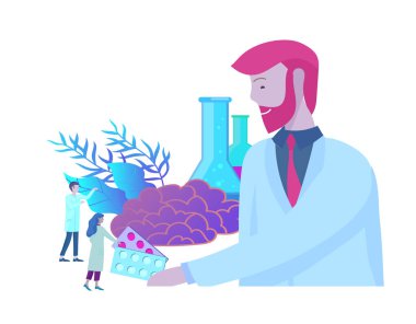 Nöroloji genetik kavramı. Düz stil küçük insanlar doktorların tıbbi takım çalışma, Dna oluşturmak yoluyla, Deoksiribonükleik asit araştırma. Beyin, yaratıcı zihin