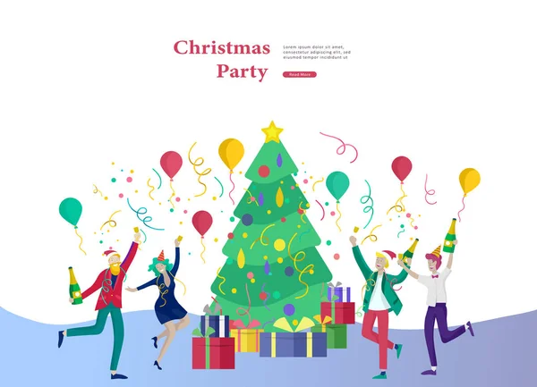 企業パーティーの休日ランディング ・ ページのテンプレートまたはカードの冬。メリー クリスマスと幸せな新年を人々 のキャラクター。若い友人や同僚の会社を祝う — ストックベクタ