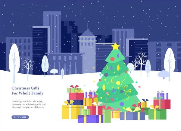 Kerstmis en gelukkig Nieuwjaar Website met kerstboom en gift op achtergrond stedelijke winter besneeuwde park — Stockvector