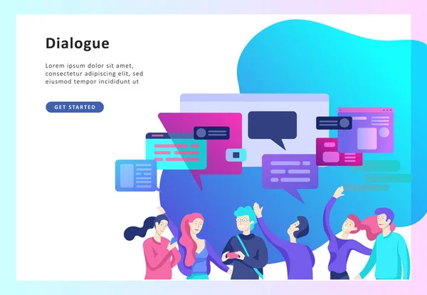 Concept Landing page template, flat style, empresários discutir rede social, notícias, redes sociais — Vetor de Stock