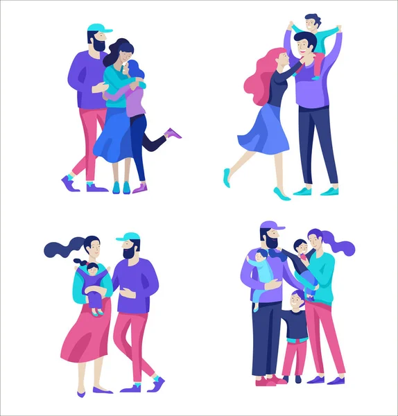 La familia pasa tiempo juntos, padres felices con hijos. Personaje de personas vectoriales — Vector de stock