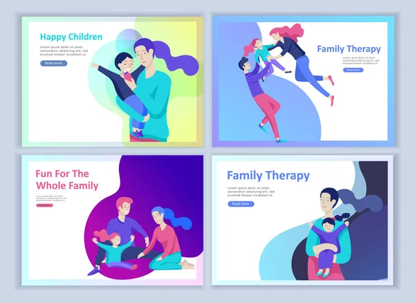 Set Landing pagina sjablonen gelukkige familie, reis- en psychotherapie, familie gezondheidszorg, goederen entertainment voor moeder, vader en hun kinderen. Ouders met dochter en zoon veel plezier — Stockvector