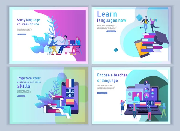 Conjunto de modelos de landing page para cursos de idiomas online, educação a distância, treinamento. Interface de Aprendizagem de Línguas e Conceito de Ensino . — Vetor de Stock