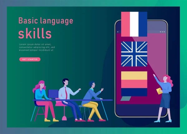 Modelos de landing page para cursos de idiomas online, educação a distância, treinamento. Interface de Aprendizagem de Línguas e Conceito de Ensino . — Vetor de Stock