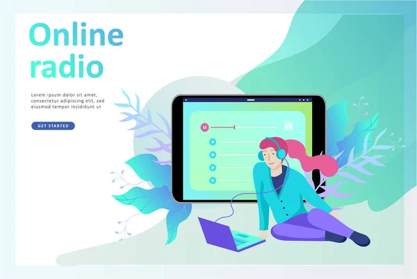 Online radyo dinleme, insanlar akarsu rahatla Internet kavramı dans dinle. Müzik uygulamaları, çalma listesi online şarkı, radyo istasyonu. — Stok Vektör