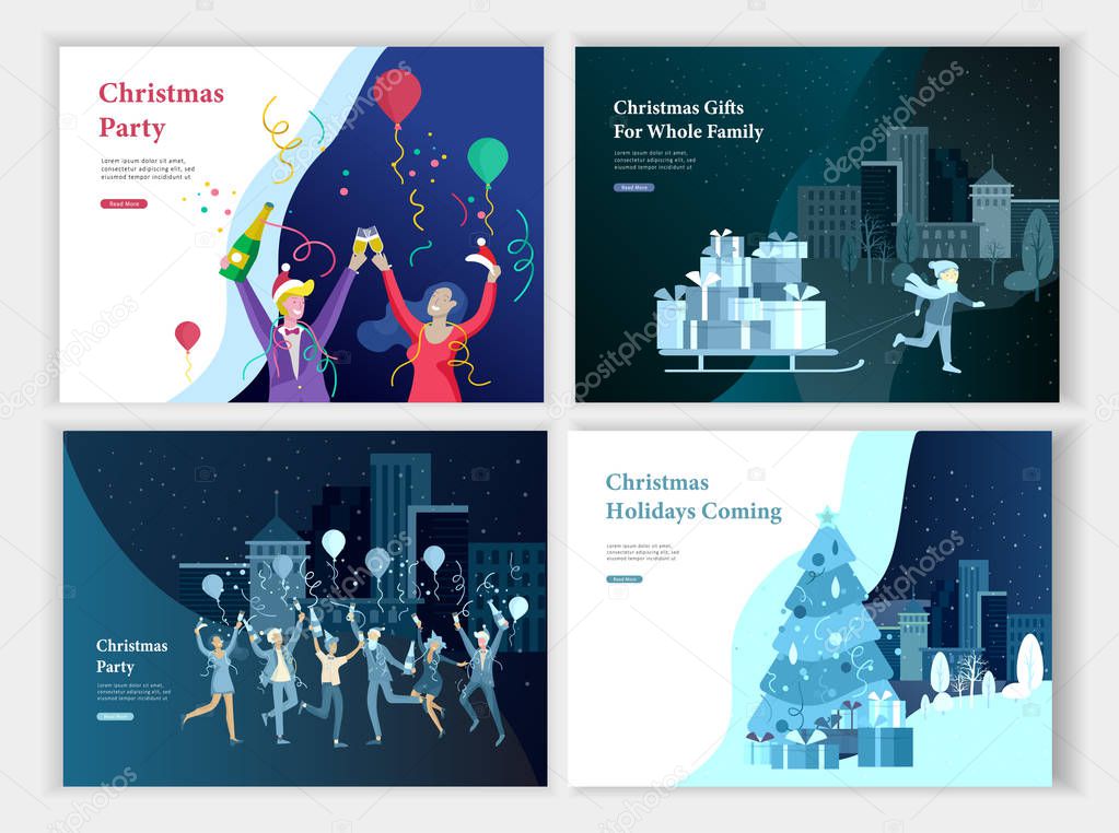 Set of Landing page template or greeting card. Friend or colleagues celebrates Merry Christmas, Happy New Year corporate party, girl to drag sleigh with lot gifts. Christmas tree