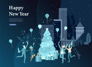 Sayfa şablonu veya kart kış açılış şirket parti tatil. Mutlu Noeller ve mutlu yeni yıl web sitesi insanların karakterleri ile. Şirket genç arkadaşlar veya iş arkadaşları kutluyor