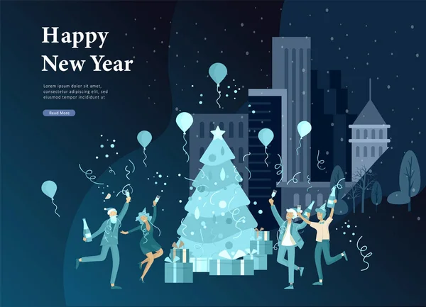 Plantilla de página de aterrizaje o tarjeta de invierno Vacaciones fiesta corporativa. Feliz Navidad y feliz año nuevo sitio web con personajes de la gente. Compañía de jóvenes amigos o colegas celebra — Archivo Imágenes Vectoriales