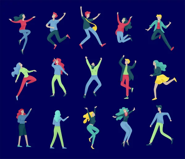 Personaje saltando en varias poses. Grupo de jóvenes riendo alegre gente saltando con las manos levantadas. Feliz positivos jóvenes hombres y mujeres — Vector de stock