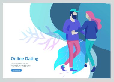 Online arkadaşlık kavramı app giriş sayfası komik karikatür karakterler çift. Modern grafik öğeleri web afiş, web tasarım, basılı malzemeler için.