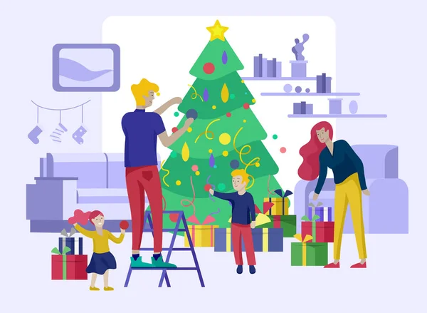 Tarjeta de felicitación vacaciones de invierno. Feliz Navidad y Feliz Año Nuevo sitio web. Personajes de la familia con presente decorando el árbol de Navidad en el fondo del interior — Archivo Imágenes Vectoriales