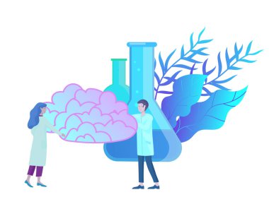 Nöroloji genetik kavramı. Düz stil küçük insanlar doktorların tıbbi takım çalışma, Dna oluşturmak yoluyla, Deoksiribonükleik asit araştırma. Beyin, yaratıcı zihin