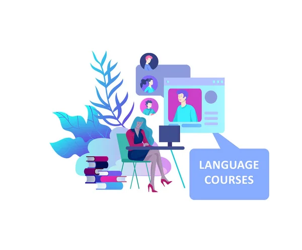 Cursos de idiomas en línea, educación a distancia, formación. Interfaz de aprendizaje de idiomas y concepto de enseñanza . — Vector de stock