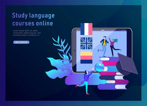 Modelos de landing page para cursos de idiomas online, educação a distância, treinamento. Interface de Aprendizagem de Línguas e Conceito de Ensino . — Vetor de Stock