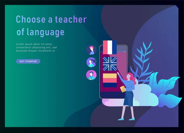 Plantillas de landing page para cursos de idiomas en línea, educación a distancia, formación. Interfaz de aprendizaje de idiomas y concepto de enseñanza . — Vector de stock