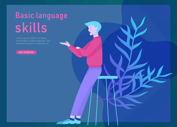 Modelos de landing page para cursos de idiomas online, educação a distância, treinamento. Interface de Aprendizagem de Línguas e Conceito de Ensino . —  Vetores de Stock