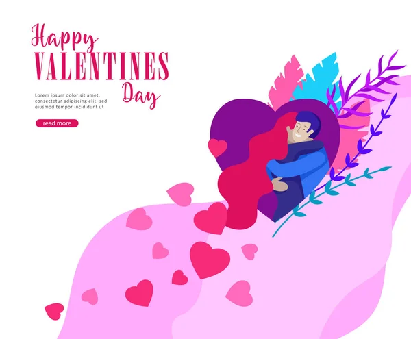 Glückliche Valentinstag Landing Page Vorlage mit verliebten Paar isoliert im Herzen auf einem bunten abstrakten Hintergrund, Typografie Posterelement — Stockvektor