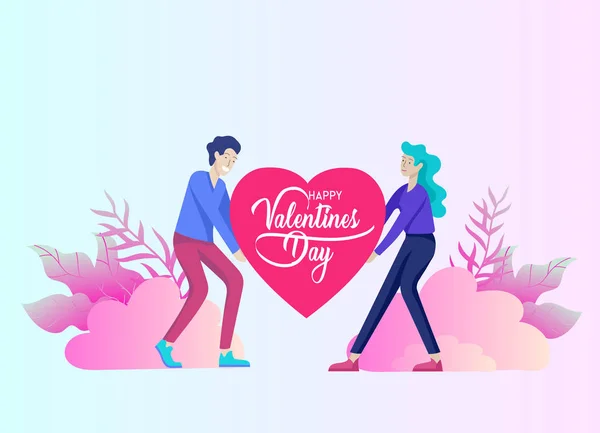 Glückliche Valentinstag Karten Vorlage mit Paar und verliebten Menschen isoliert im Herzen auf einem bunten abstrakten Hintergrund, Typografie Posterelemente — Stockvektor