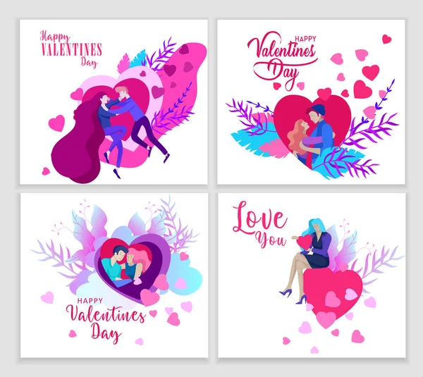 Felice San Valentino Landing page modello con coppia innamorata isolato nel cuore su uno sfondo colorato astratto, elemento poster tipografia — Vettoriale Stock