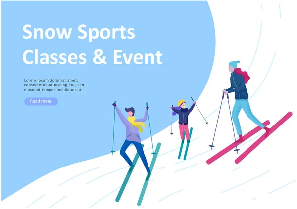 Set of Landing page templates. People dressed in winter clothes or outerwear performing outdoor activities fun. Snow festival, sledding or snowboard. Christmas family ski skating, skiing extreme