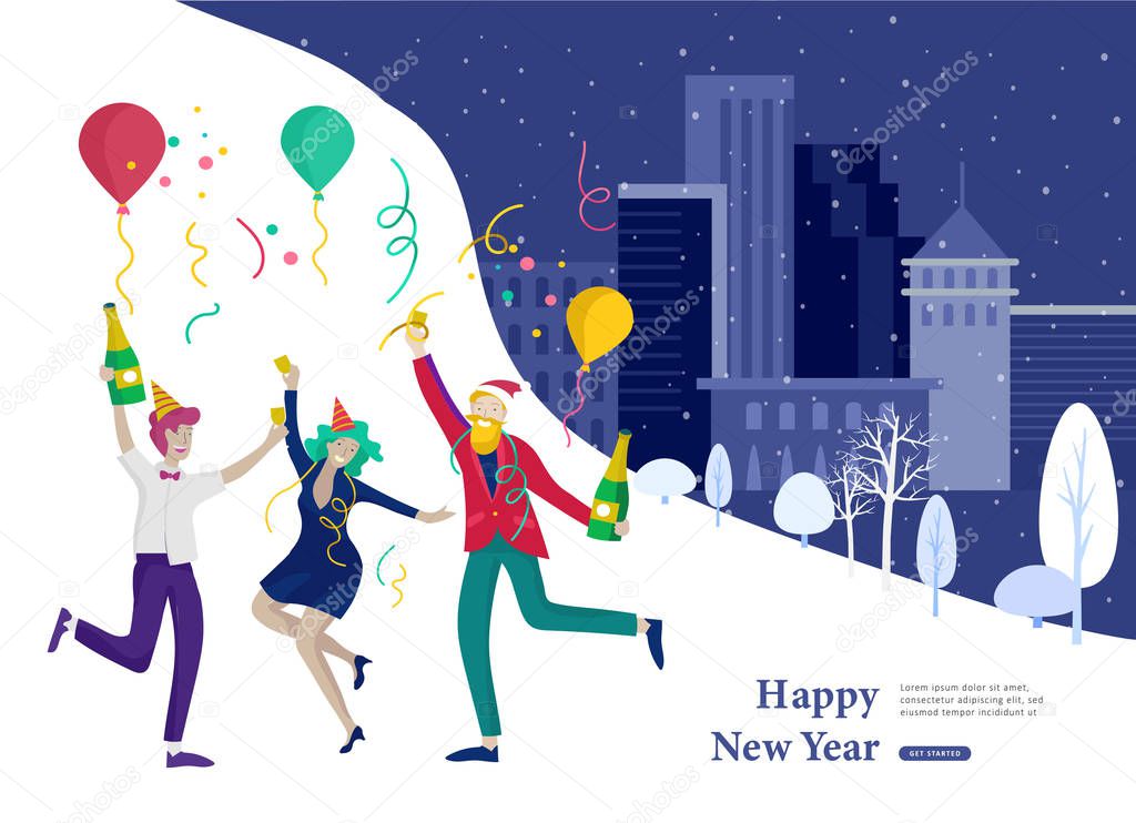 Landing page template or card winter Holidays corporate Party. Merry Christmas and Happy New Year Website with People Characters. Company of young friends or colleagues celebrates