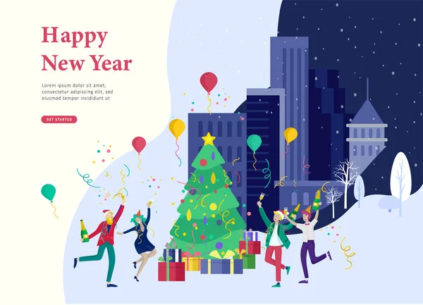 企業パーティーの休日ランディング ・ ページのテンプレートまたはカードの冬。メリー クリスマスと幸せな新しい年ウェブサイト人々 のキャラクター。若い友人や同僚の会社を祝う — ストックベクタ