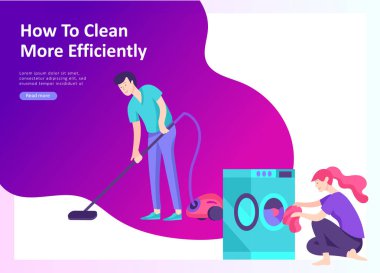 küme sayfa şablon hakkında etkili ev organizasyon açılış. İnsanlar çift erkek karakter ve kadın evi temizlemek, verimli bir şekilde organize bir gardırop