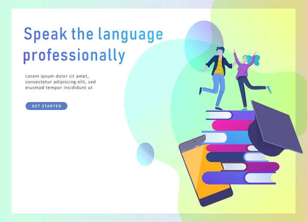 Plantillas de landing page para cursos de idiomas en línea, educación a distancia, formación. Interfaz de aprendizaje de idiomas y concepto de enseñanza . — Vector de stock