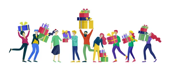 Feliz dia de Natal Celebrando juntos felizes. Grupo de pessoas dos desenhos animados em chapéus de Santa e crianças. Salta e atira presentes. Feliz Natal e Feliz Ano Novo família —  Vetores de Stock