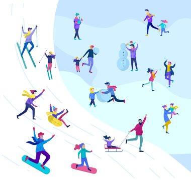 Babası onun çocukları ile açık hava etkinlikleri eğlenceli gerçekleştirme dış giyim giyinmiş. Kar Festivali, halletme ve snowboard. Pateni, kardan adam yapma Noel aile kayak kayak kış