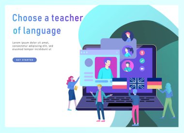 Online dil kursları, uzaktan eğitim, eğitim için açılış sayfası şablonları. Dil arabirimi öğrenme ve kavram öğretim.