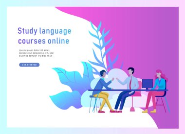 Online dil kursları, uzaktan eğitim, eğitim için açılış sayfası şablonları. Dil arabirimi öğrenme ve kavram öğretim.