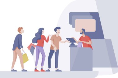 İnsanlar süpermarkette alışveriş. Kadın ile kasiyer, süpermarkette kavramı müşteri ve tezgâhtar satın alınır. Satın alma prosedürü etkileşim, satış. Yaratıcı açılış sayfası