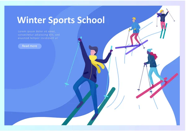 Set of Landing page templates. People dressed in winter clothes or outerwear performing outdoor activities fun. Snow festival, sledding or snowboard. Christmas family ski skating, skiing extreme