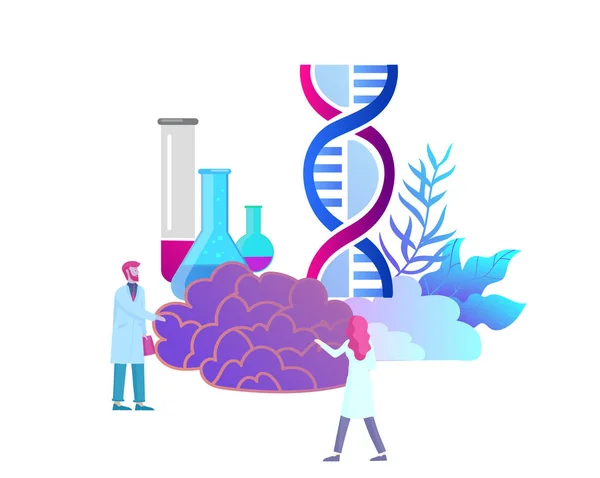 神経遺伝学の概念。フラット スタイルの小さな人々 医師医療チームの作業、Dna を構築、デオキシリボ核酸を研究します。脳の創造的な心 — ストックベクタ