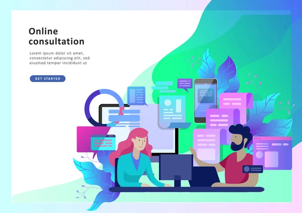 Concept Landing page template atendimento ao cliente, operador hotline masculino aconselha cliente —  Vetores de Stock
