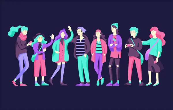 Vector pessoas amigos personagem. Grupo de adolescentes no inverno ou outono roupa da moda —  Vetores de Stock