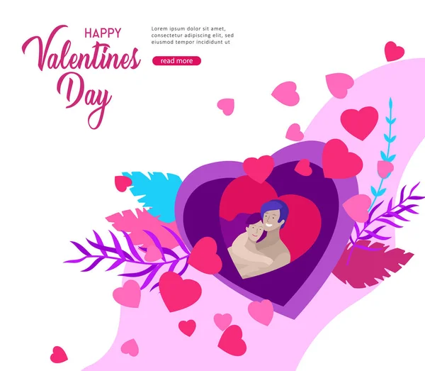 Feliz día de San Valentín Plantilla de landing page con pareja enamorada aislada de corazón sobre un fondo abstracto colorido, elemento póster tipográfico — Vector de stock