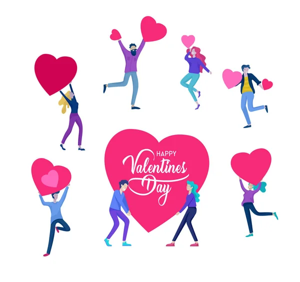 Mutlu Sevgililer günü kartları model çift ve insanlarda renkli bir arka plan, tipografi poster elemanları izole kalp aşk — Stok Vektör