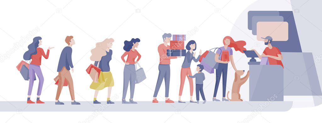 People Shopping in supermarket. Woman in supermarket with cashier, where to buy concept of customer and shop assistant. Selling interaction, purchasing process. Creative landing page
