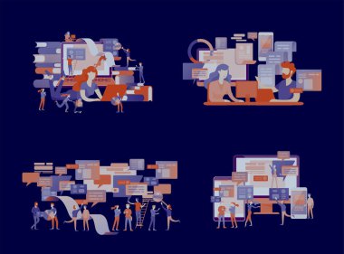 Açılış sayfası şablonu, düz stil, işadamları kavramı tartışmak sosyal ağ, Haberler, sosyal ağlar