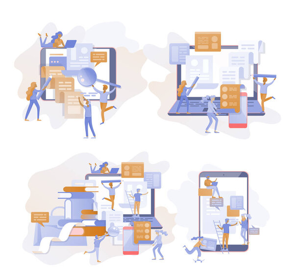 Концепция посадки шаблон страницы, плоский стиль, бизнесмены обсуждают социальные сети, новости, социальные сети
